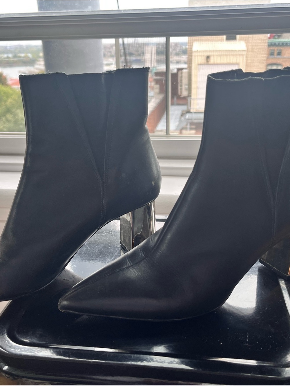 Zara Black Pointed Ankle Booties with Silver Block Heel